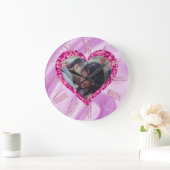 ハートフレームカスタムフォトピンクシルク&ダイヤモンド ラージ壁時計 (ホーム)