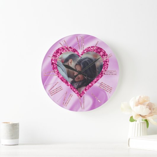 ハートフレームカスタムフォトピンクシルク&ダイヤモンド ラージ壁時計 (ホーム)