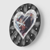 ハートフレームカスタムフォトブラック&シルバーダイヤモンド ラージ壁時計 (傾斜)