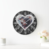 ハートフレームカスタムフォトブラック&シルバーダイヤモンド ラージ壁時計 (ホーム)