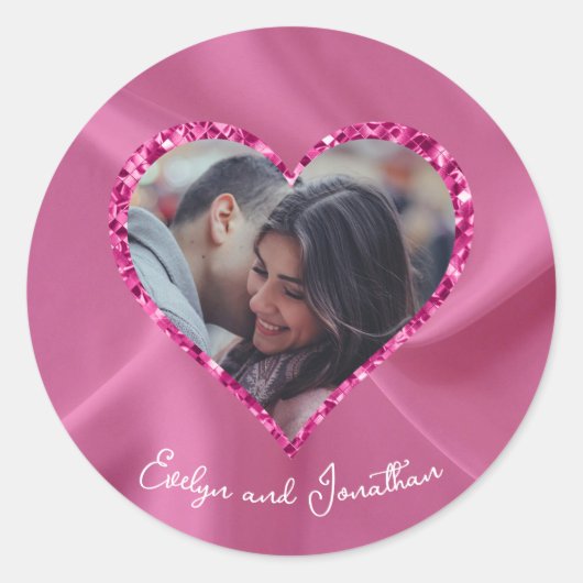 ハートフレームカスタムフォト赤面ピンクとダイヤモンド ラウンドシール (正面)