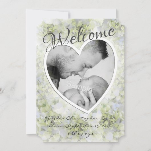 ハートフレームフォトフレームアジサイ誕生 案内状 (正面)