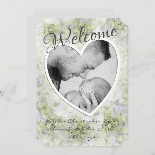 ハートフレームフォトフレームアジサイ誕生 案内状 (正面/裏面)