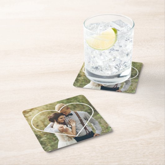 ハートフレームモダンモノグラム写真 スクエアペーパーコースター (インサイチュ)