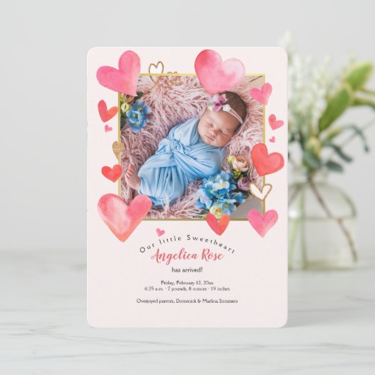 ハートフレーム写真の誕生のお知らせ 招待状 (スタンド正面)