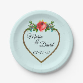 ハートフレーム水彩バラ ペーパープレート