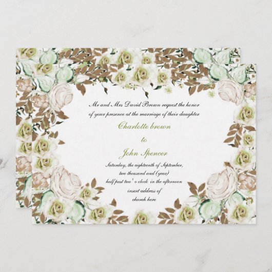 ハートフレーム緑のバラ結婚ズ 招待状 (正面/裏面)