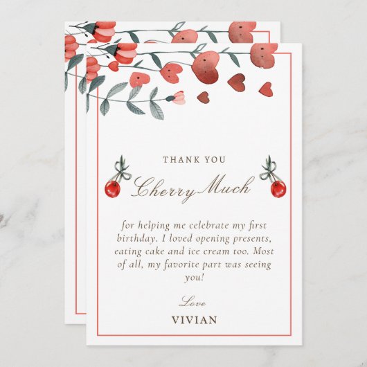 ハートフローラさくらんぼオントップ誕生日サンキューカード サンキューカード (正面/裏面)