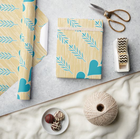 ハートブルー素朴ティール(緑がかった色)アクアタンブラウン ラッピングペーパー (クラフト)