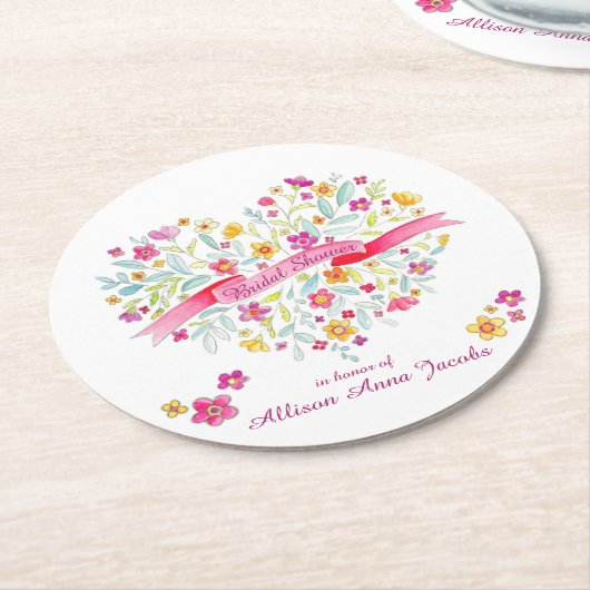 ハートブーケ花ブライダルシャワーコースター ラウンドペーパーコースター (アングル)