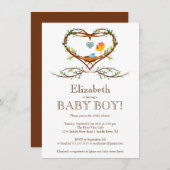 ハートベビーモダンの鳥の子どものベビーシャワー 招待状 (正面/裏面)