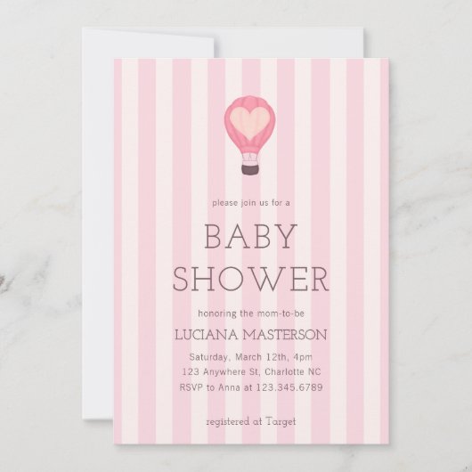 ハートホットエアバルーンパステルピンクベビーシャワー 招待状 (正面)