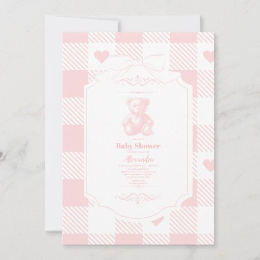 ハートボウジンガムフランスのテディベア赤ちゃんシャワー 招待状 (正面)