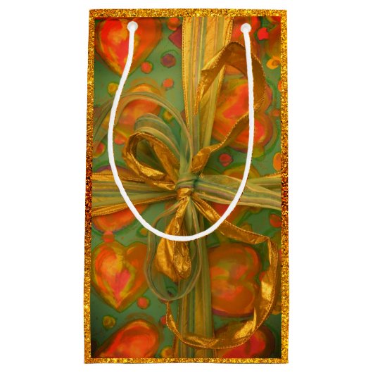 ハートボウ赤と緑のグリッタールックプレゼンス スモールペーパーバッグ (正面)