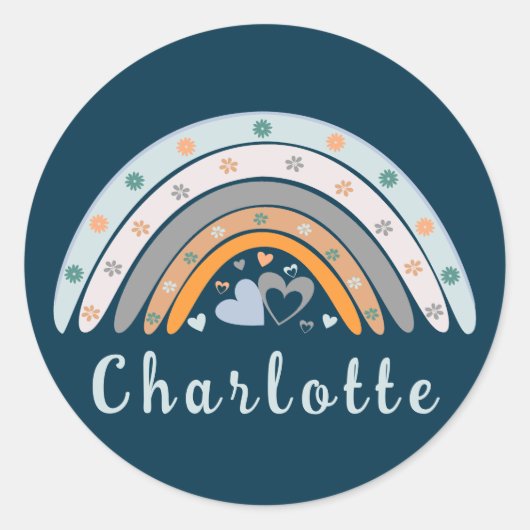ハートボホレインボーパーソナライズされた名付き ラウンドシール (正面)