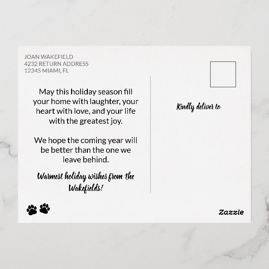 ハートポーラブアンドジョーペットフォトハッピーホリデー 箔シーズンポストカード (裏面)