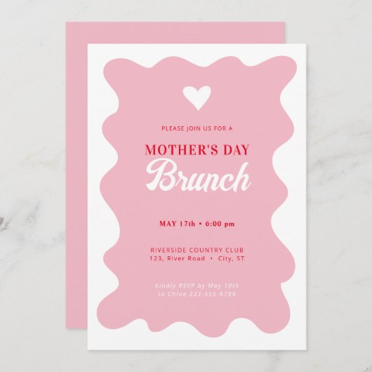 ハートマザーズデイブルンチウェーブウィークピンク招待状 招待状 (正面/裏面)
