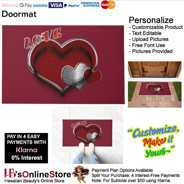 ハートマジックドアマット　ワインレッド背景 ドアマット (Heart Magic Door Mat with Maroon Background.)