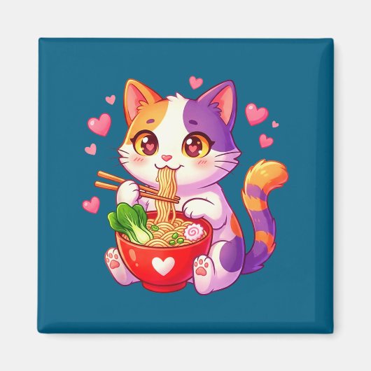 ハートマークと一緒にラーメンを食べるアニメの猫 面白いV マグネット (正面)