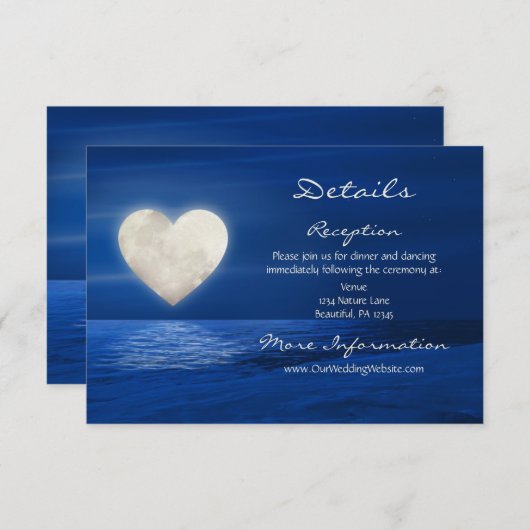 ハートムーンと雪のビーチ冬の結婚式詳細 エンクロージャーカード (正面/裏面)