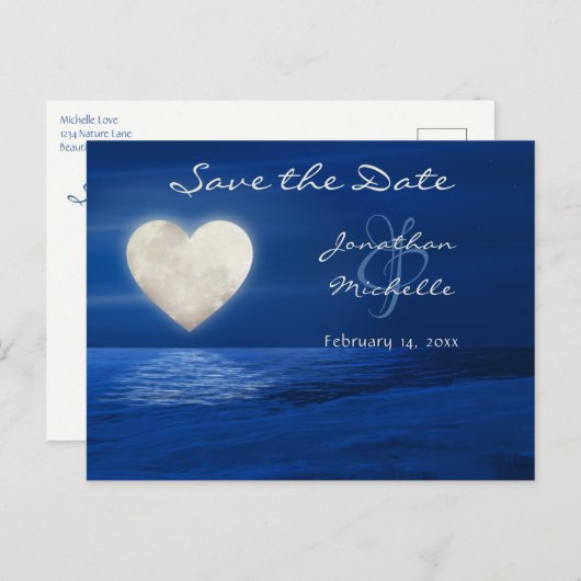 ハートムーンウィンタービーチ日付の結婚保存 案内ポストカード (正面/裏面)