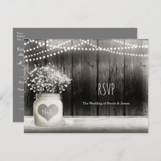 ハートメイソンジャー&バビーズブレスウェディング素朴RSVP インビテーションポストカード (正面/裏面)