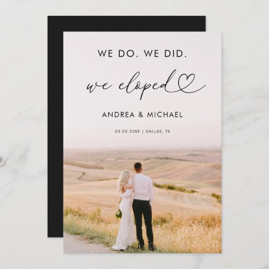 ハートモダンスクリプトの実行がアナウンスの駆け落ち 招待状 (正面/裏面)