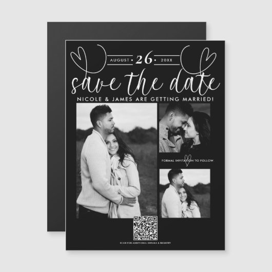 ハートモダンブラック&ホワイトシック日付を保存 (正面/裏面)