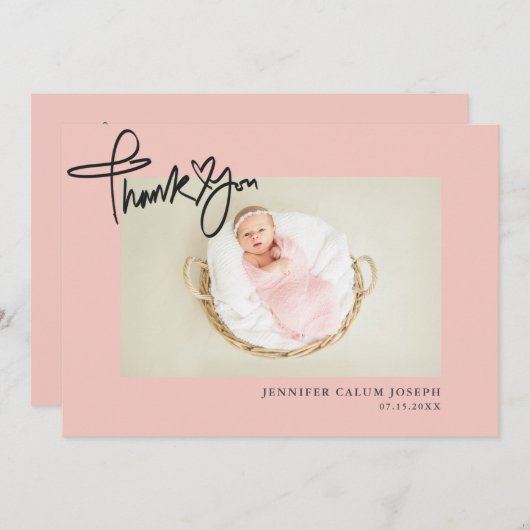 ハートモダン台本フォトピンクのベビーガール 案内状 (正面/裏面)