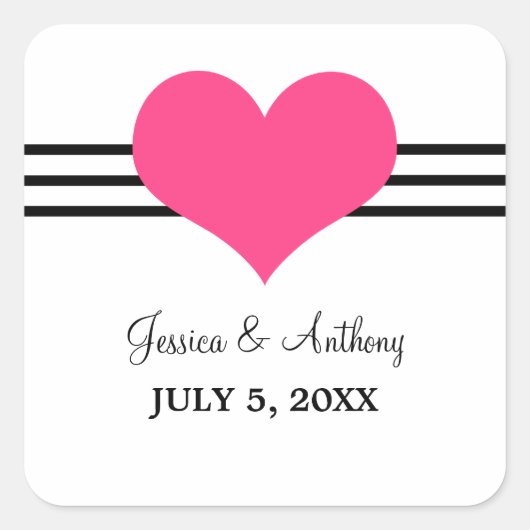 ハートモダン結婚式用シール、ピンク スクエアシール (正面)