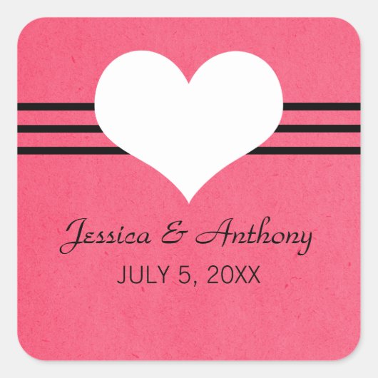 ハートモダン結婚式用シール、ピンク スクエアシール (正面)