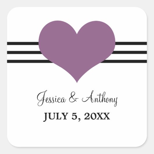 ハートモダン結婚式用シール、紫 スクエアシール (正面)