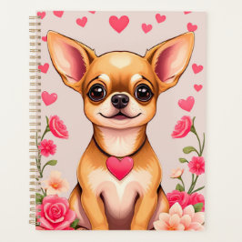 ハートモチーフとフローラ要素を持つチワワ プランナー手帳