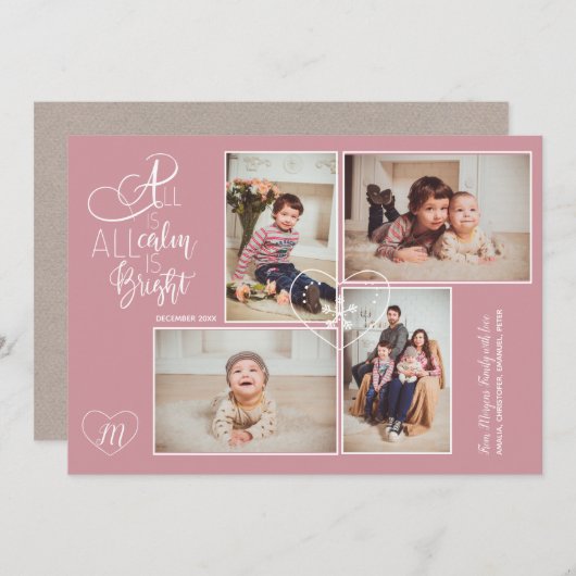 ハートモノグラムの4枚の写真クリスマス赤面ピンク シーズンカード (正面/裏面)