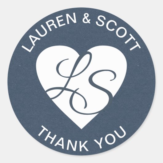 ハートモノグラムネイビーブルーとホワイト ラウンドシール (正面)
