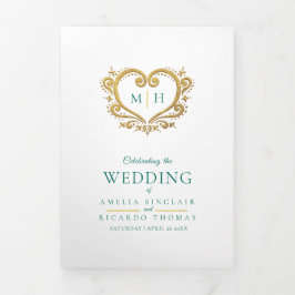 ハートモノグラム写真金ゴールドグリーンウェディングプログラム 三つ折りプログラム