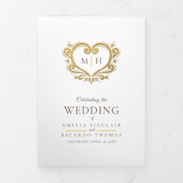 ハートモノグラム写真金ゴールドブラウン結婚式 三つ折りプログラム