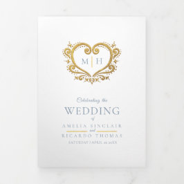 ハートモノグラム写真金ゴールド結婚ダスティブルー 三つ折りプログラム