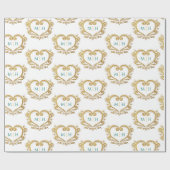 ハートモノグラム金ゴールドの白の上に濃い結婚緑色 ラッピングペーパー (フラット)