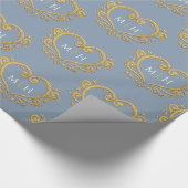 ハートモノグラム金ゴールド結婚の塵の青 ラッピングペーパー (角)