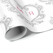 ハートモノグラム銀ベリーレッド結婚ホワイト ラッピングペーパー (ロールコーナー)