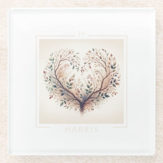 ハートユニークモノグラム ガラスコースター (正面)