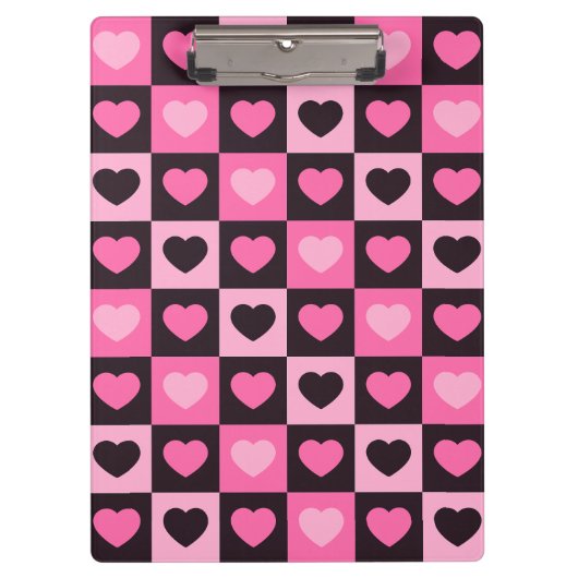 ハートライトピンク熱ピンク濃いブルゴーニュ市松模様に クリップボード (正面)