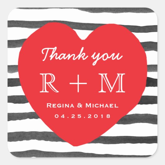 ハートラブストライプパターン結婚式の引き出物シール スクエアシール (正面)