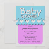 ハートリボンパターンパープル&ブルーベビーシャワー 招待状 (正面/裏面)