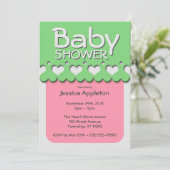 ハートリボンパターンピンク&緑のベビーシャワー 招待状 (スタンド正面)