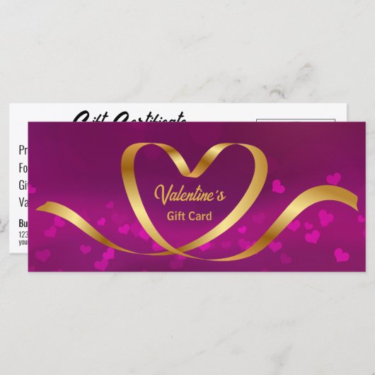 ハートリボン金ゴールド紫バレンタインデイギフトカード (正面/裏面)