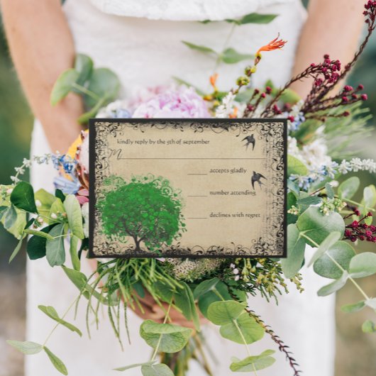 ハートリーフエメラルドツリーラブバードウェディングRSVP 出欠カード