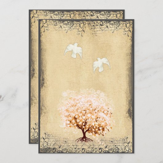 ハートリーフコーラルツリードーブラブバードウェディング 招待状 (正面/裏面)