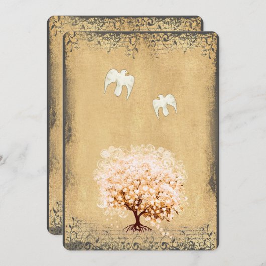 ハートリーフコーラルツリードーブラブバードウェディング 招待状 (正面/裏面)